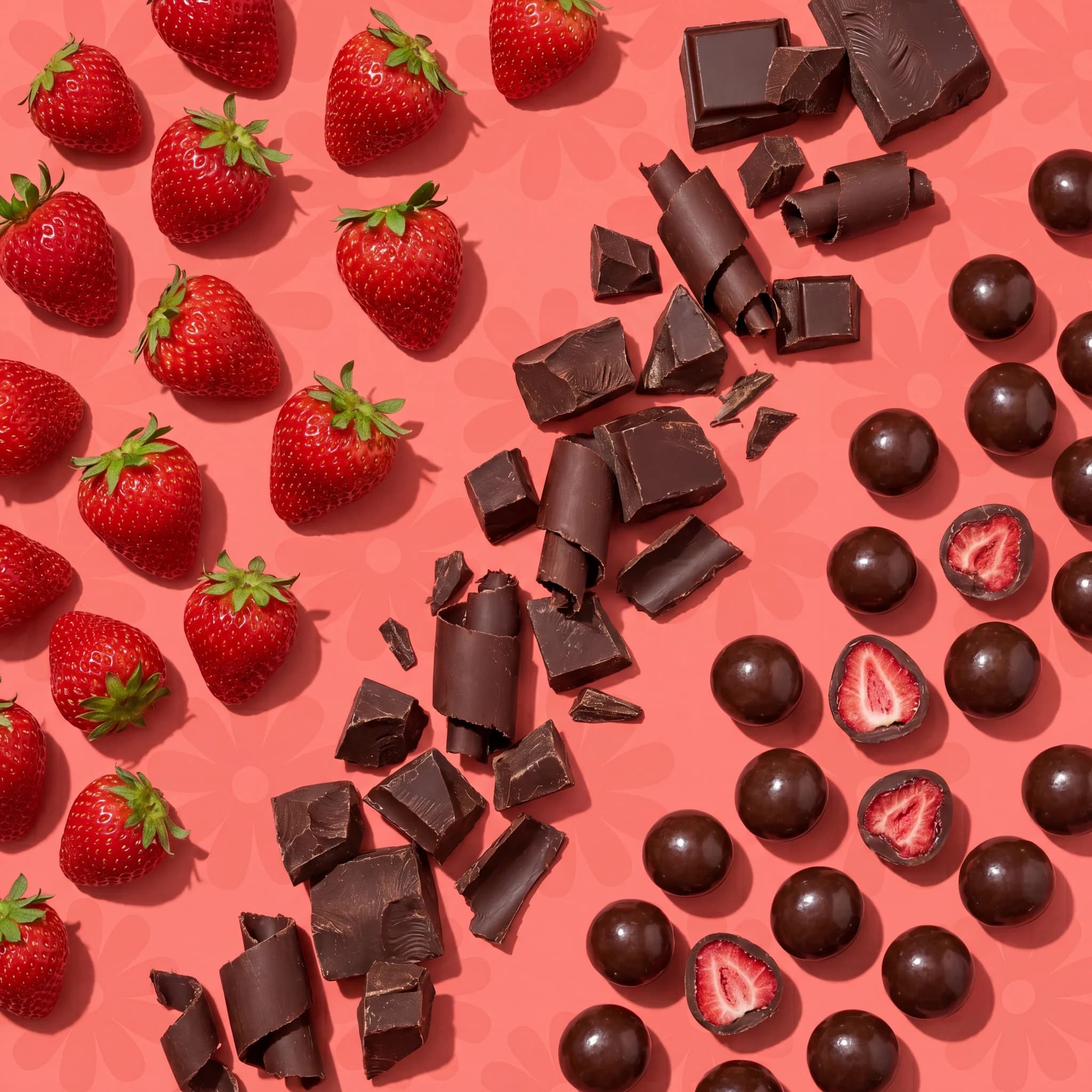 Strawberries, dark chocolate chunks and finished bites laid out on coral